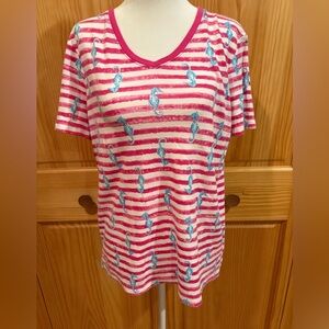 Kim Rogers women's pullover top featuring a multi-stripe pattern with seahorses